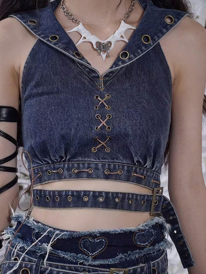 WSW WUSHENWU Denim Rock Backless Original Design Women&