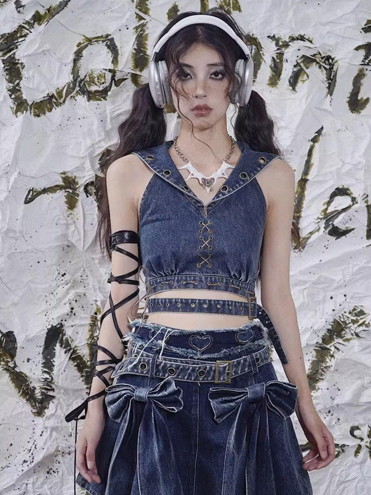 WSW WUSHENWU Denim Rock Backless Original Design Women&