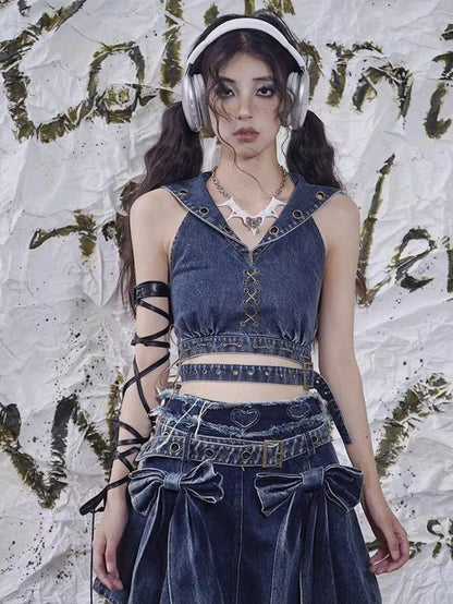 WSW WUSHENWU Denim Rock Backless Original Design Women&