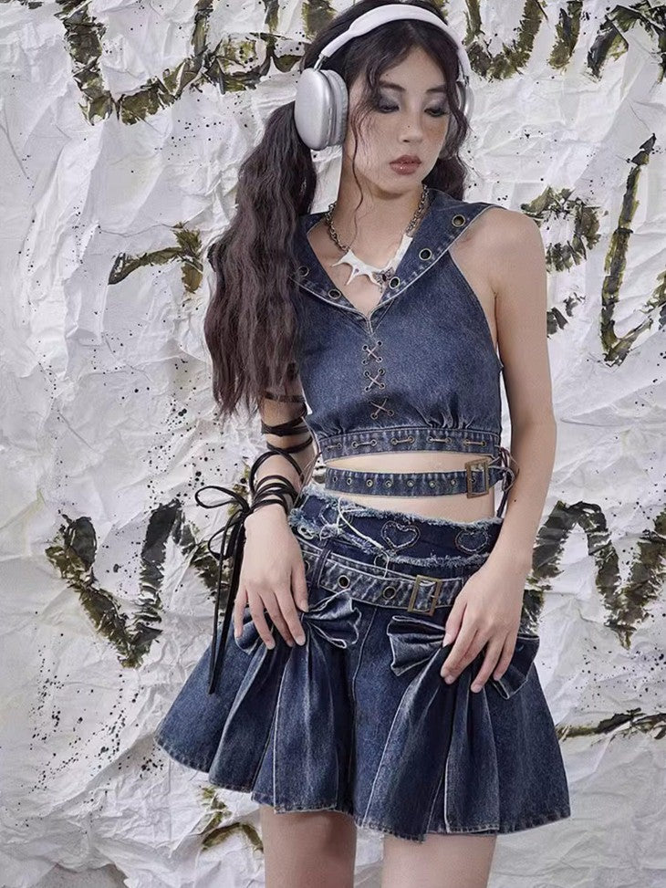 WSW WUSHENWU Denim Rock Backless Original Design Women&
