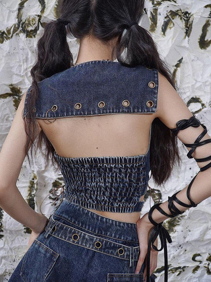 WSW WUSHENWU Denim Rock Backless Original Design Women&
