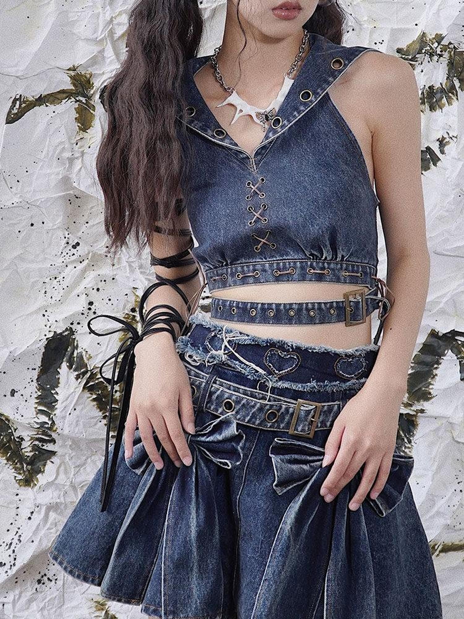 WSW WUSHENWU Denim Rock Backless Original Design Women&
