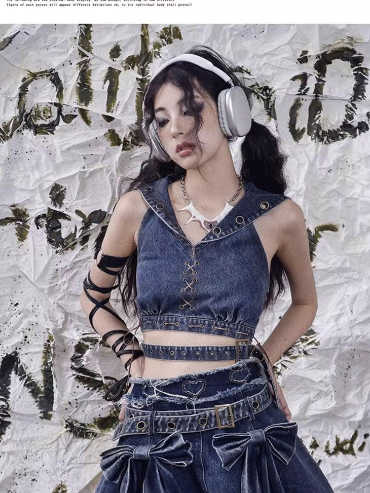 WSW WUSHENWU Denim Rock Backless Original Design Women&