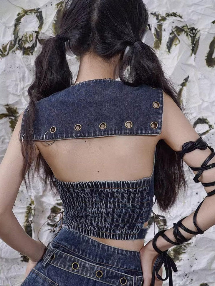 WSW WUSHENWU Denim Rock Backless Original Design Women&