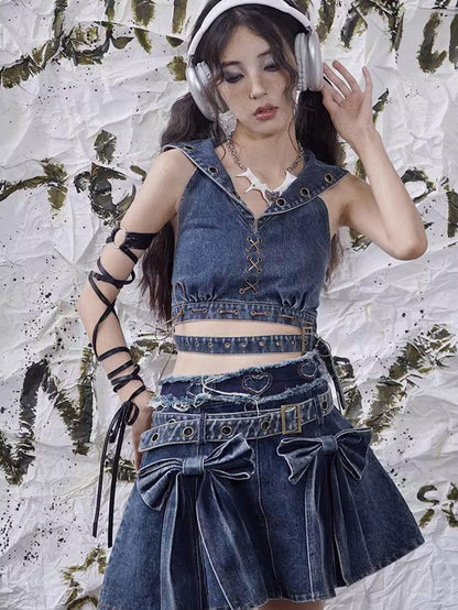 WSW WUSHENWU Denim Rock Backless Original Design Women&