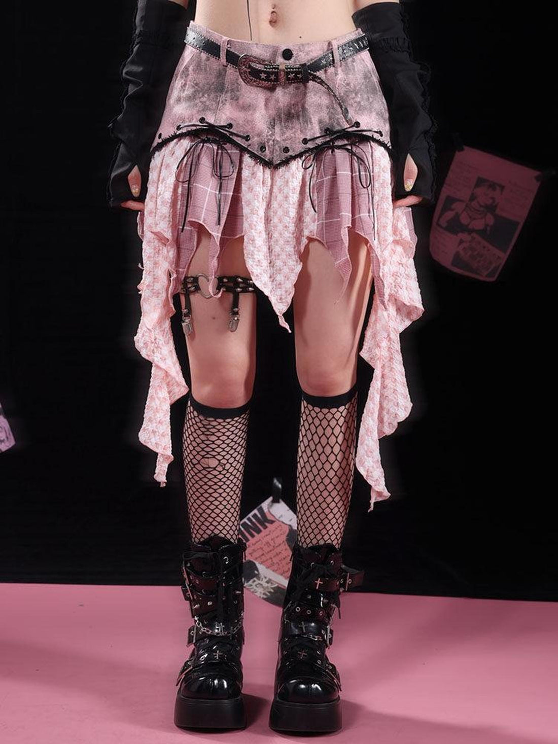 Edgy Low Rise Asymmetric Plaid Rock Style Black Pink Cotton Blend Mini Skirts