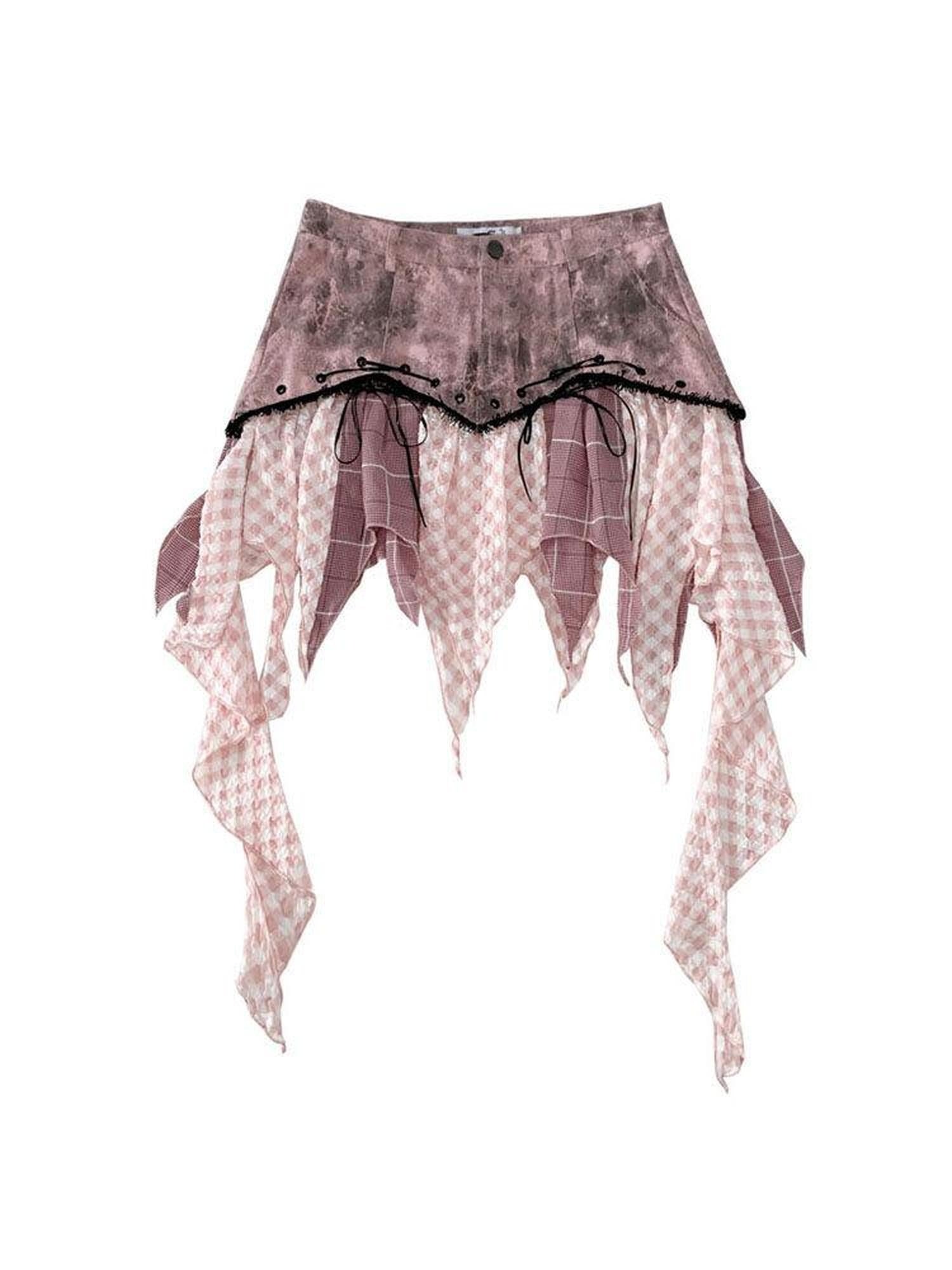 WSW WUSHENWU Edgy Low Rise Asymmetric Plaid Rock Style Black Pink Cotton Blend Mini Skirts