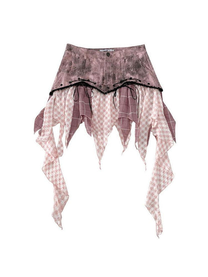 WSW WUSHENWU Edgy Low Rise Asymmetric Plaid Rock Style Black Pink Cotton Blend Mini Skirts