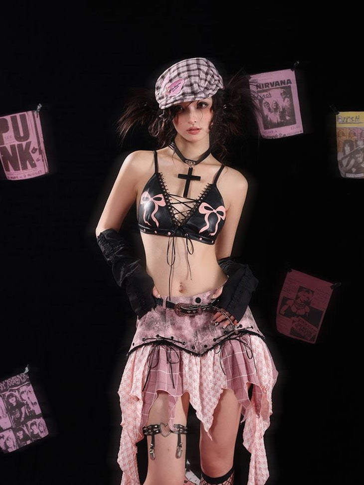 WSW WUSHENWU Edgy Low Rise Asymmetric Plaid Rock Style Black Pink Cotton Blend Mini Skirts