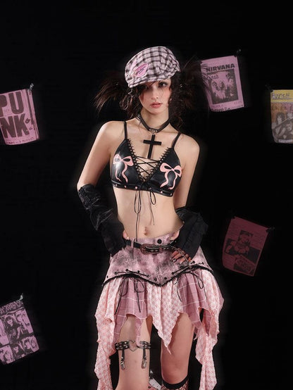WSW WUSHENWU Edgy Low Rise Asymmetric Plaid Rock Style Black Pink Cotton Blend Mini Skirts