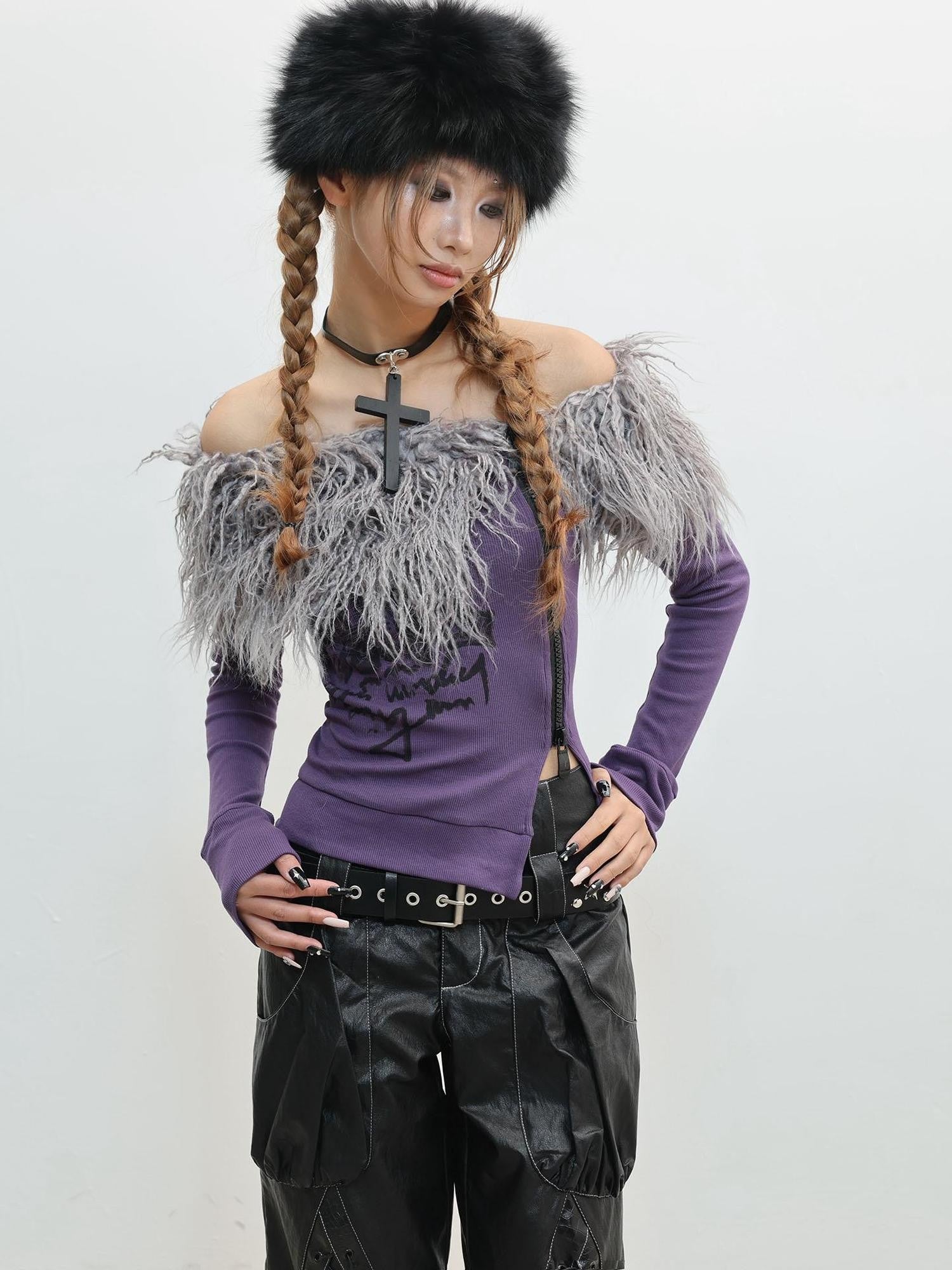 WSW WUSHENWU Fuzzy Print One Shoulder Slim Women&