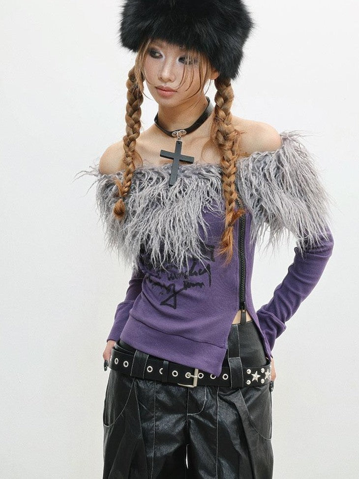 WSW WUSHENWU Fuzzy Print One Shoulder Slim Women&