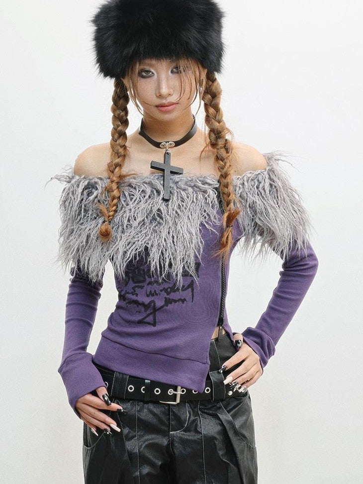 WSW WUSHENWU Fuzzy Print One Shoulder Slim Women&