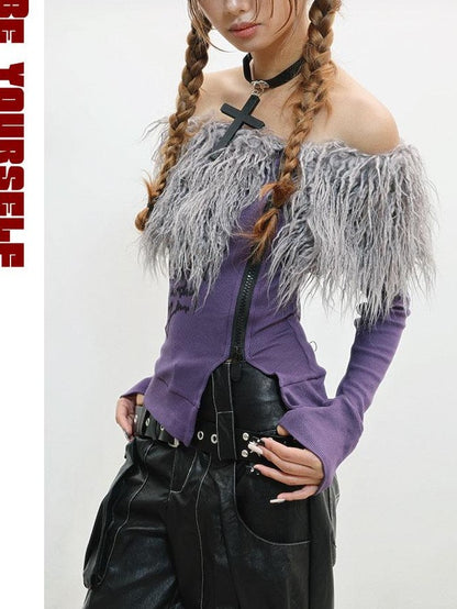 WSW WUSHENWU Fuzzy Print One Shoulder Slim Women&