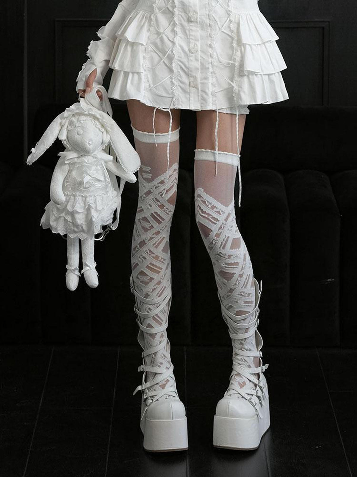 WSW WUSHENWU Gothic Butterfly Lace Up Over Knee White Women&