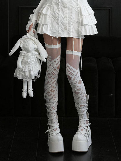 WSW WUSHENWU Gothic Butterfly Lace Up Over Knee White Women&