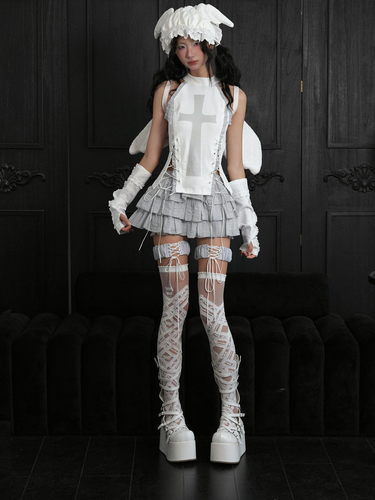 WSW WUSHENWU Gothic Butterfly Lace Up Over Knee White Women&