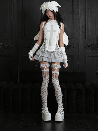 WSW WUSHENWU Gothic Butterfly Lace Up Over Knee White Women&