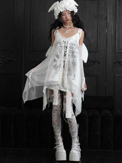 WSW WUSHENWU Gothic Butterfly Lace Up Over Knee White Women&
