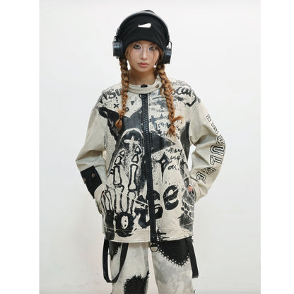 WSW_WUSHENWU_Gray_Distressed_Printed_Biker_Punk_Stand_Collar_Zipper_Women&