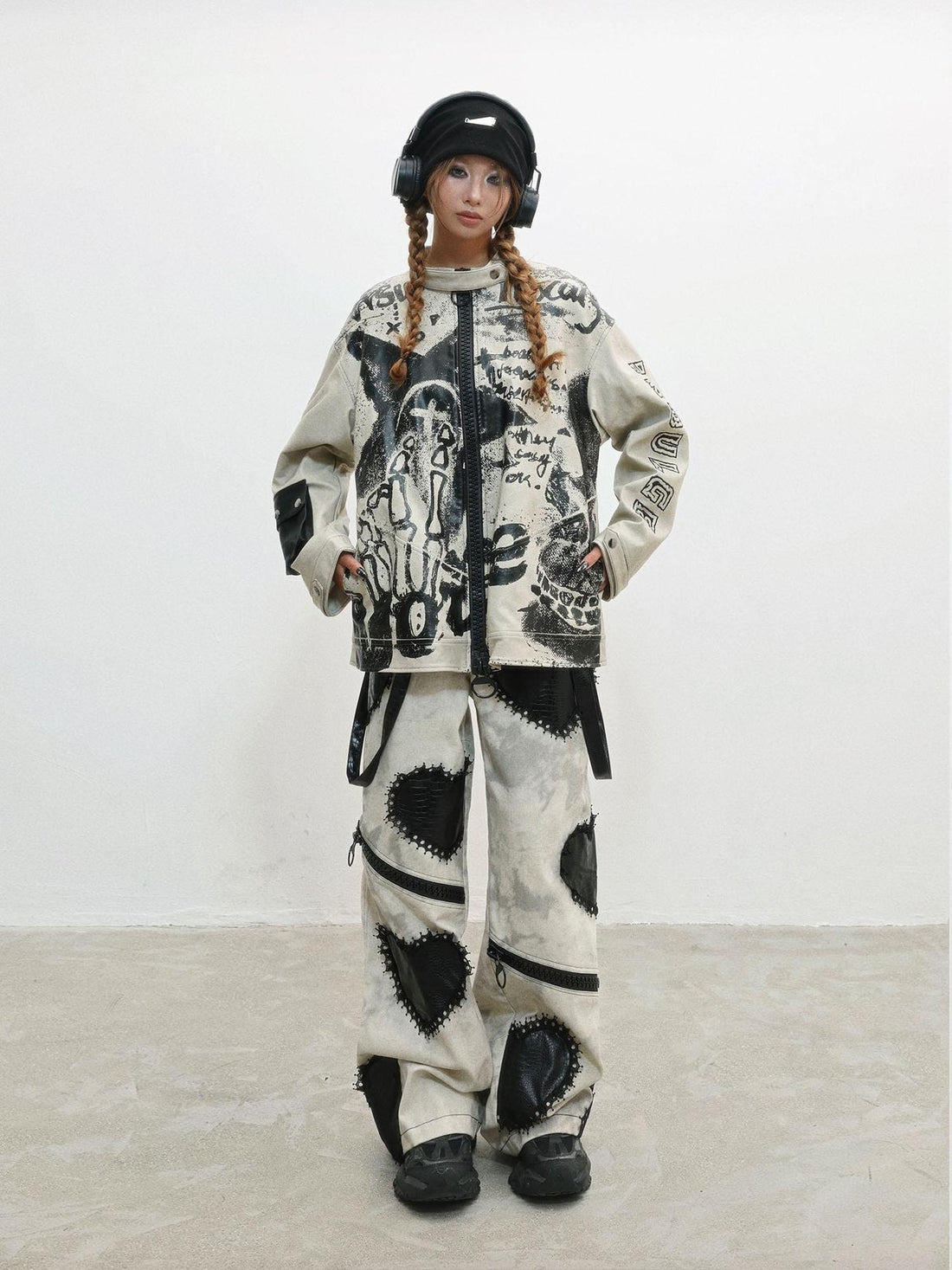 WSW WUSHENWU Gray Distressed Printed Biker Punk Stand Collar Zipper Women&