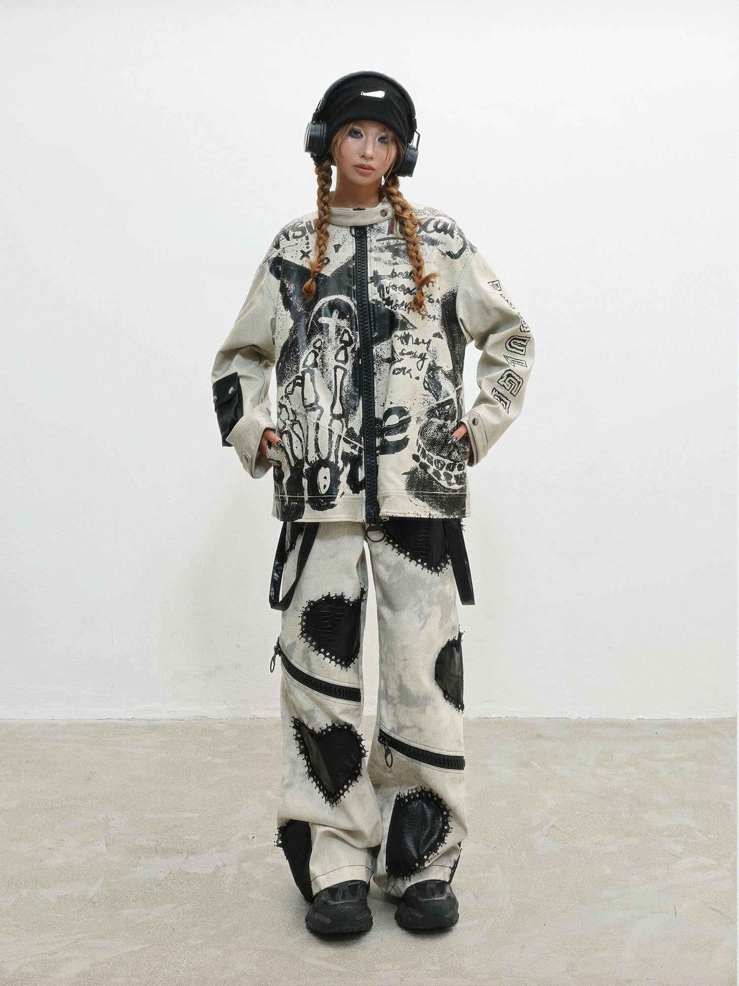 WSW WUSHENWU Gray Distressed Printed Biker Punk Stand Collar Zipper Women&