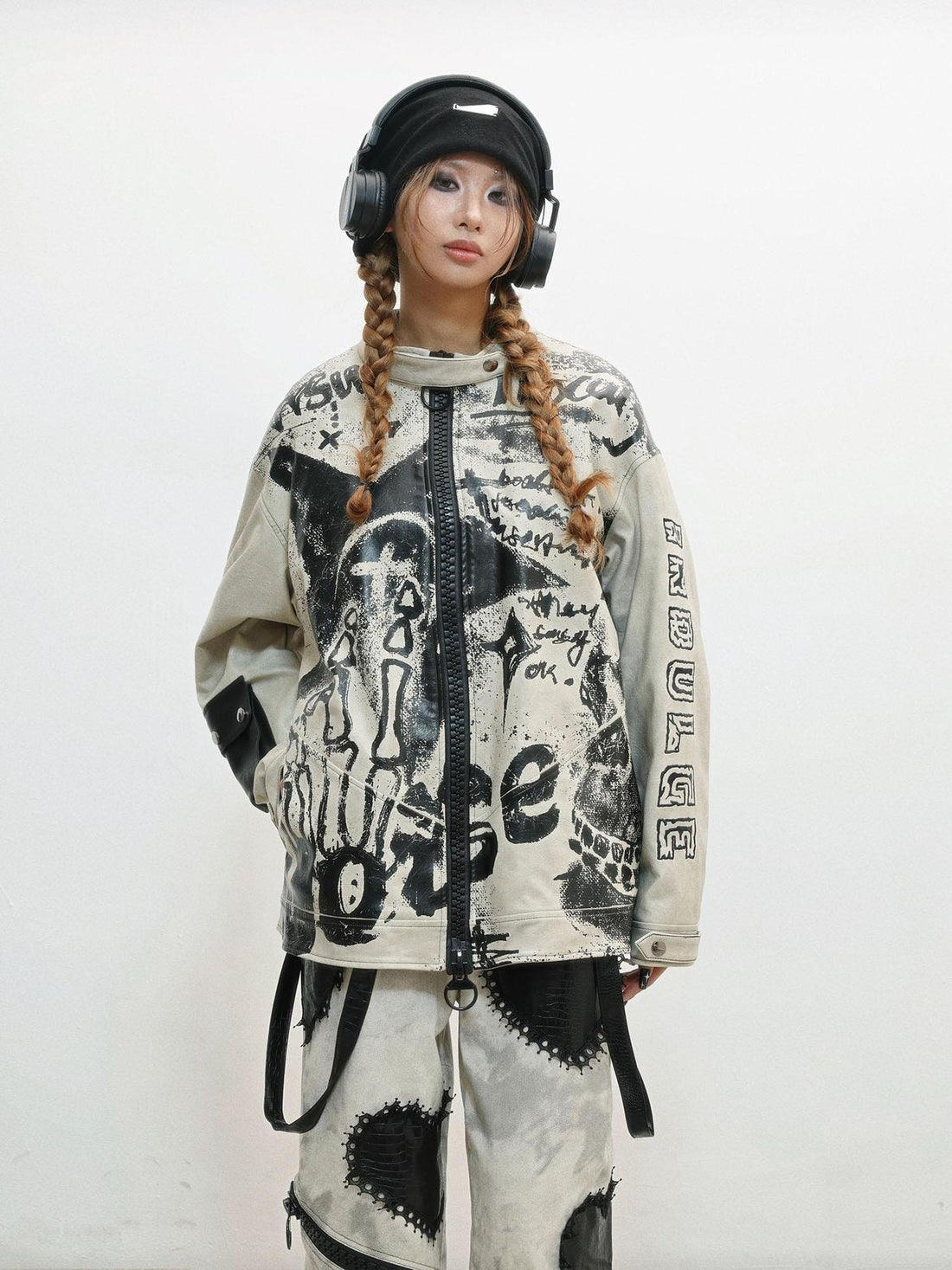WSW WUSHENWU Gray Distressed Printed Biker Punk Stand Collar Zipper Women&