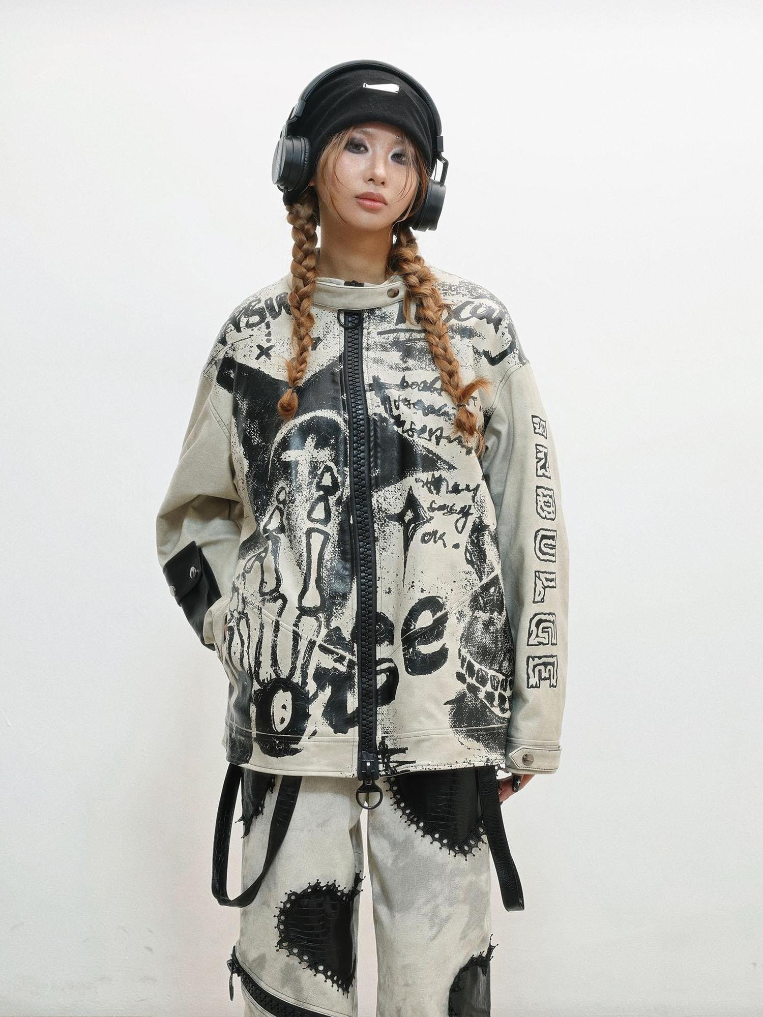 WSW WUSHENWU Gray Distressed Printed Biker Punk Stand Collar Zipper Women&