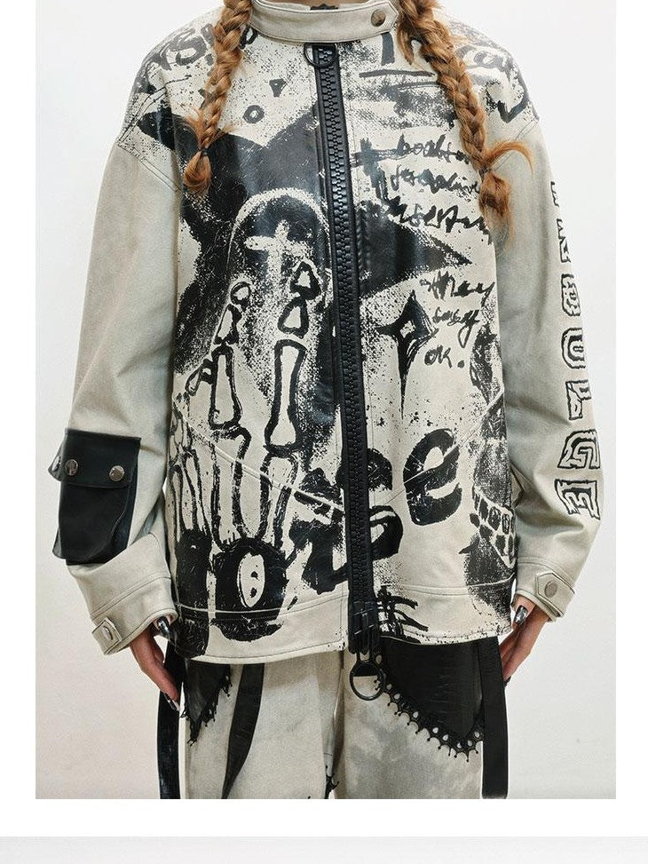WSW WUSHENWU Gray Distressed Printed Biker Punk Stand Collar Zipper Women&