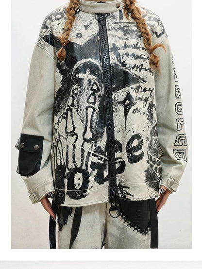 WSW WUSHENWU Gray Distressed Printed Biker Punk Stand Collar Zipper Women&
