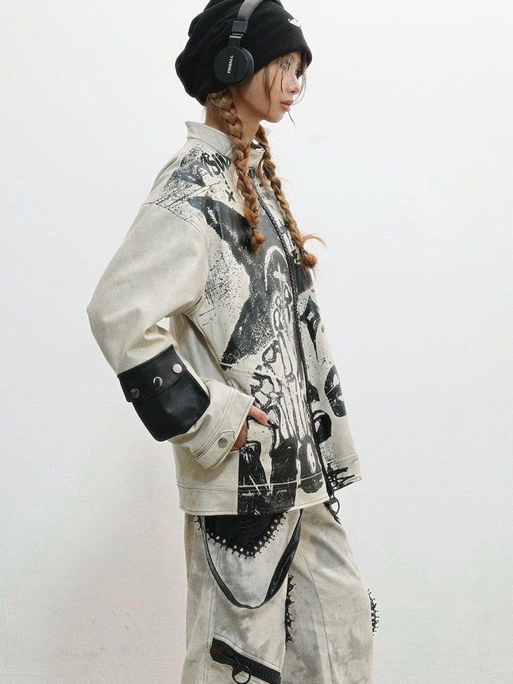 WSW WUSHENWU Gray Distressed Printed Biker Punk Stand Collar Zipper Women&