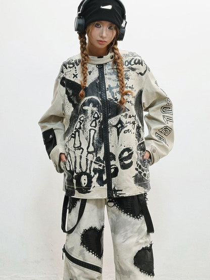 WSW WUSHENWU Gray Distressed Printed Biker Punk Stand Collar Zipper Women&