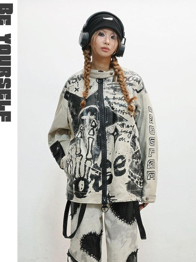 WSW WUSHENWU Gray Distressed Printed Biker Punk Stand Collar Zipper Women&