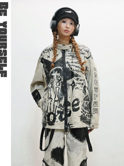 WSW WUSHENWU Gray Distressed Printed Biker Punk Stand Collar Zipper Women&