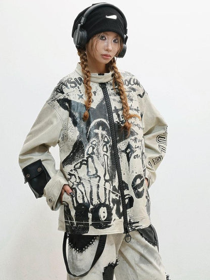 WSW WUSHENWU Gray Distressed Printed Biker Punk Stand Collar Zipper Women&