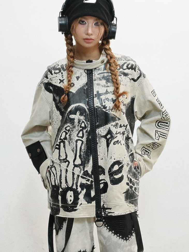 WSW WUSHENWU Gray Distressed Printed Biker Punk Stand Collar Zipper Women&
