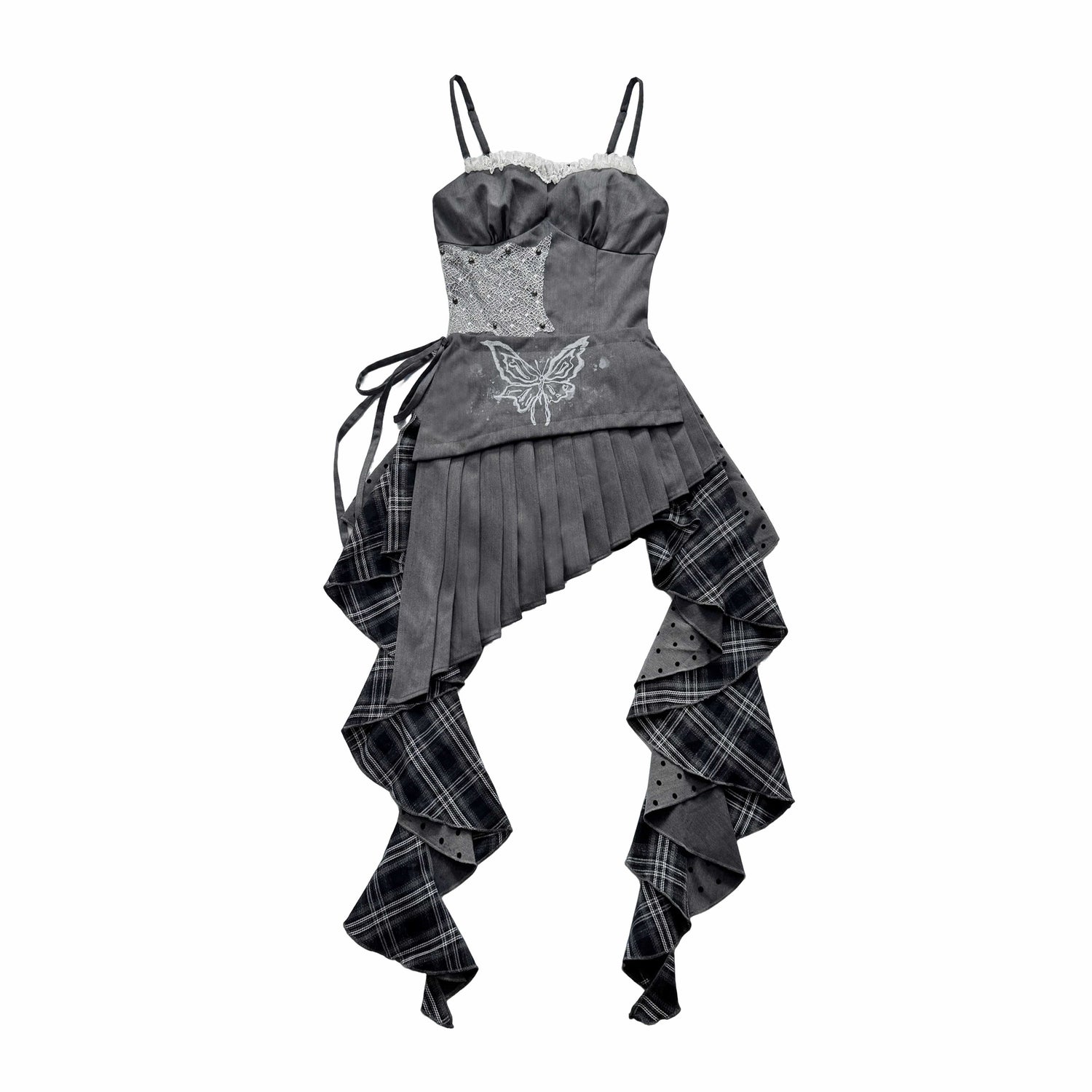 WSW_WUSHENWU_Gray_White_Polka_Dot_Check_Patchwork_Irregular_Halter_Women&