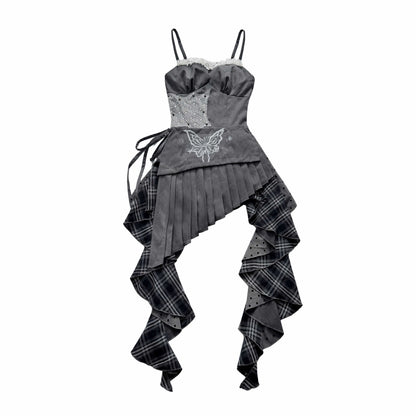 WSW_WUSHENWU_Gray_White_Polka_Dot_Check_Patchwork_Irregular_Halter_Women&