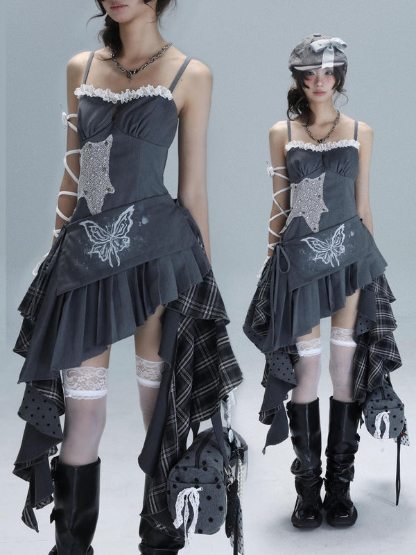 Gray White Polka Dot Check Patchwork Irregular Halter Women's Slip Midi Dresses