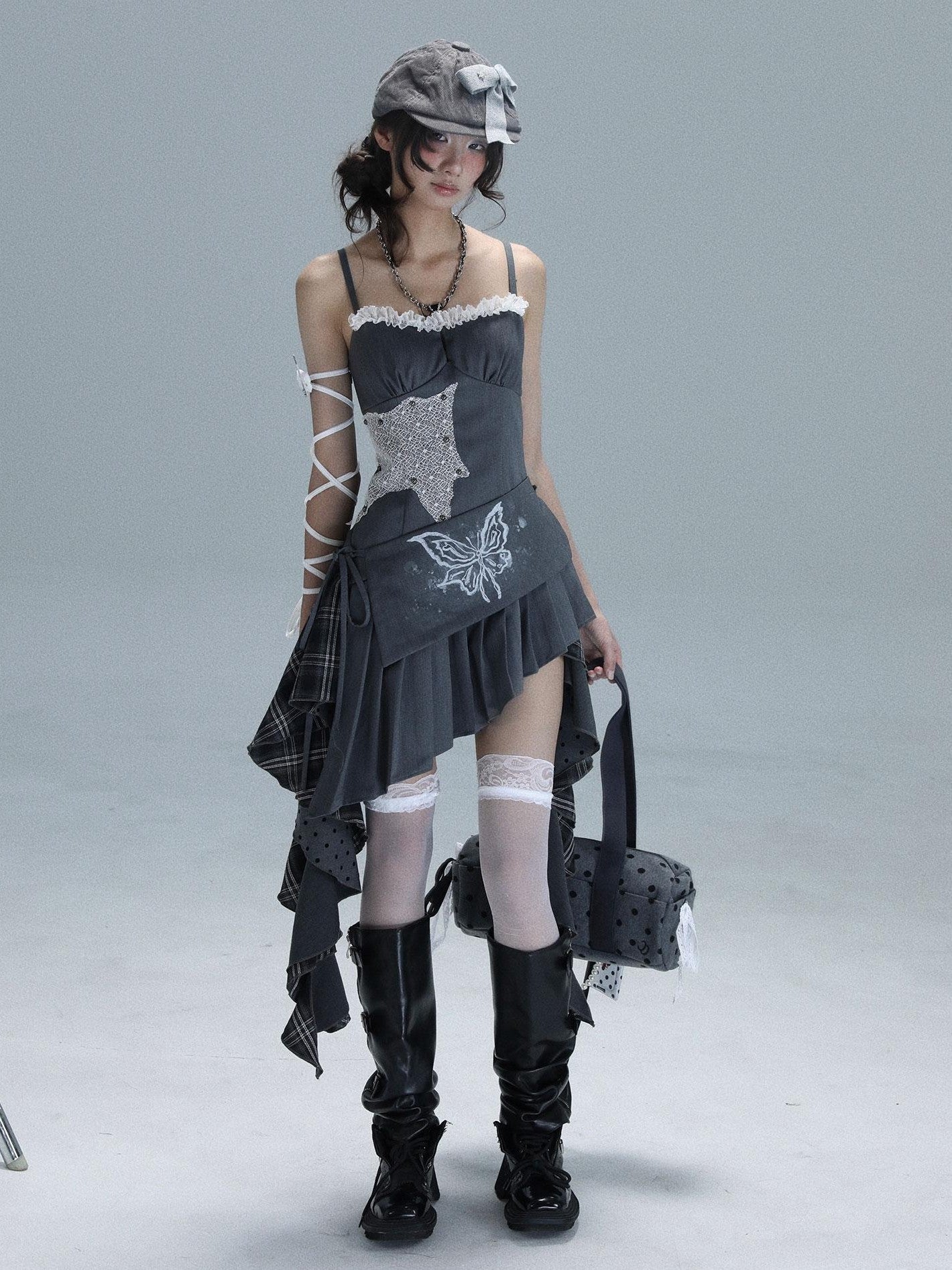 WSW WUSHENWU Gray White Polka Dot Check Patchwork Irregular Halter Women&