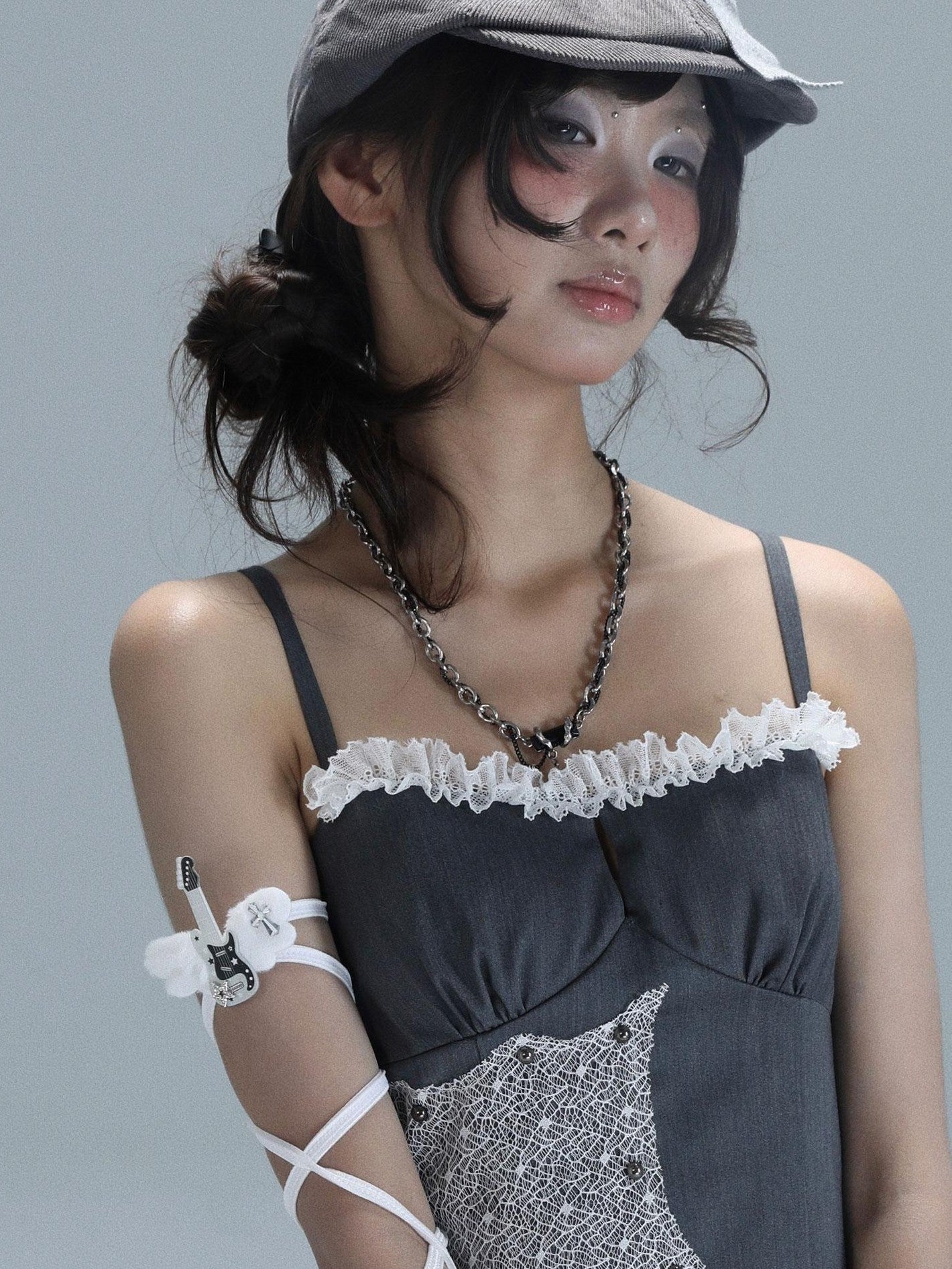 WSW WUSHENWU Gray White Polka Dot Check Patchwork Irregular Halter Women&