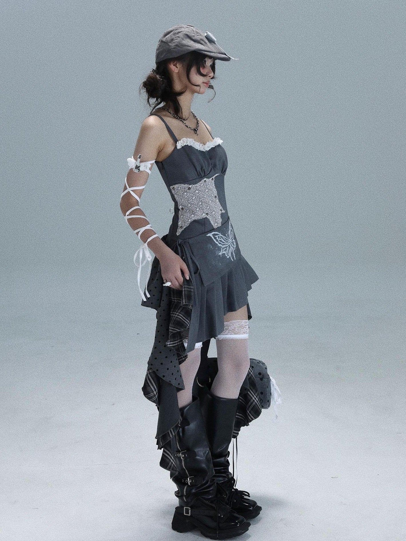WSW WUSHENWU Gray White Polka Dot Check Patchwork Irregular Halter Women&