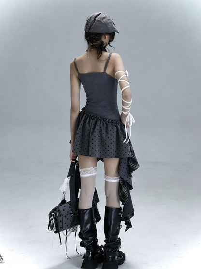 WSW WUSHENWU Gray White Polka Dot Check Patchwork Irregular Halter Women&