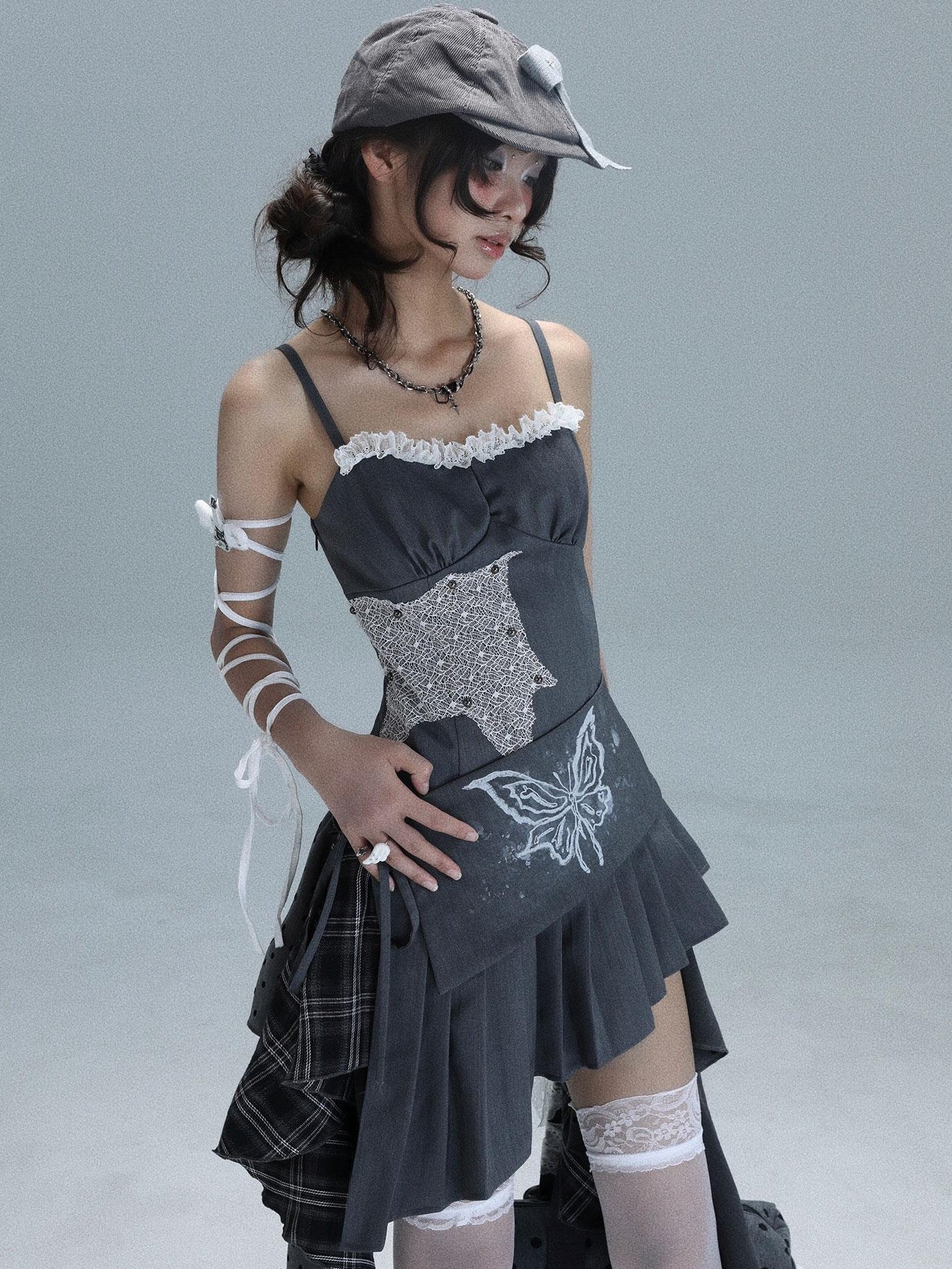 WSW WUSHENWU Gray White Polka Dot Check Patchwork Irregular Halter Women&