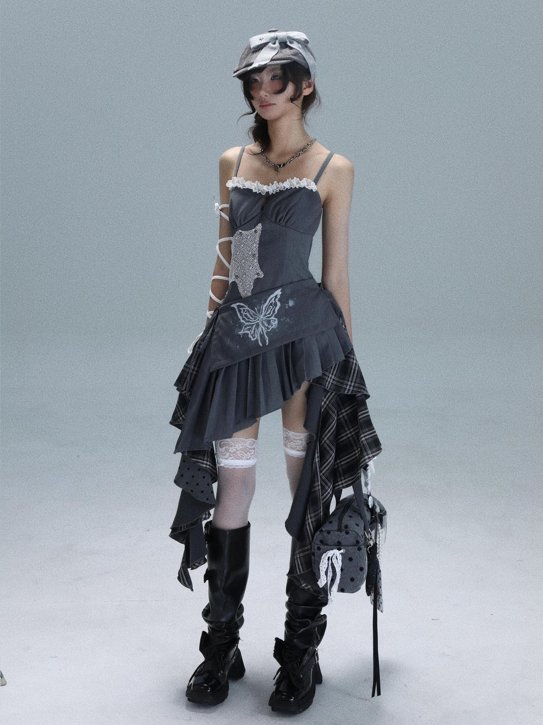 WSW WUSHENWU Gray White Polka Dot Check Patchwork Irregular Halter Women&
