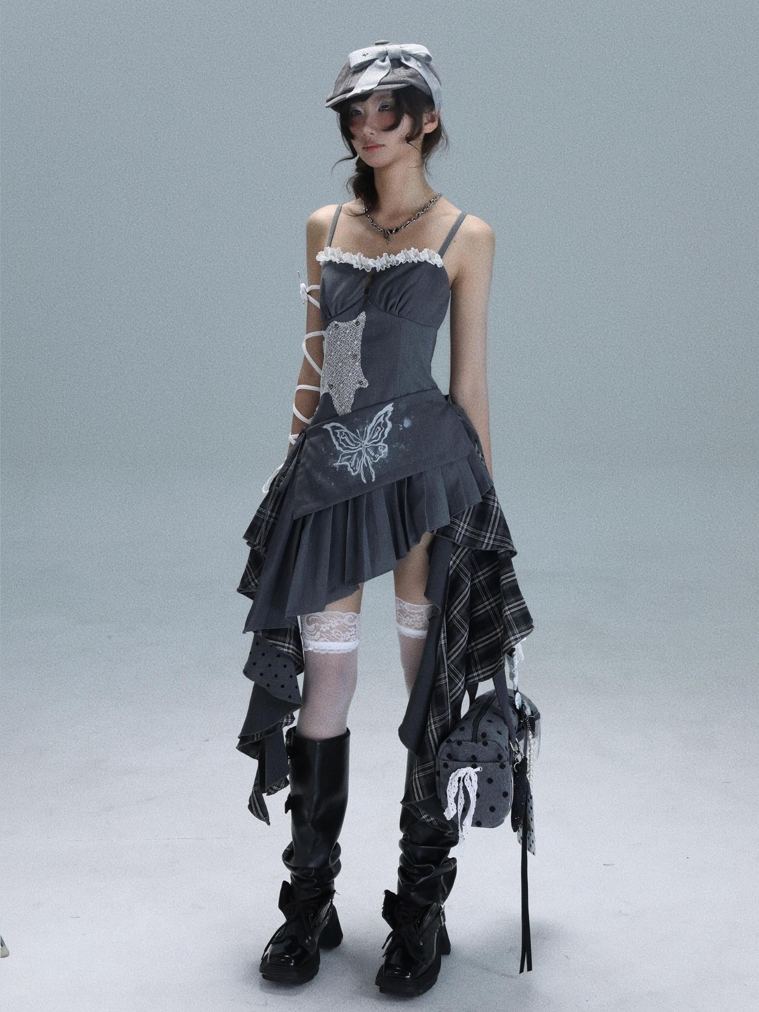 WSW WUSHENWU Gray White Polka Dot Check Patchwork Irregular Halter Women&