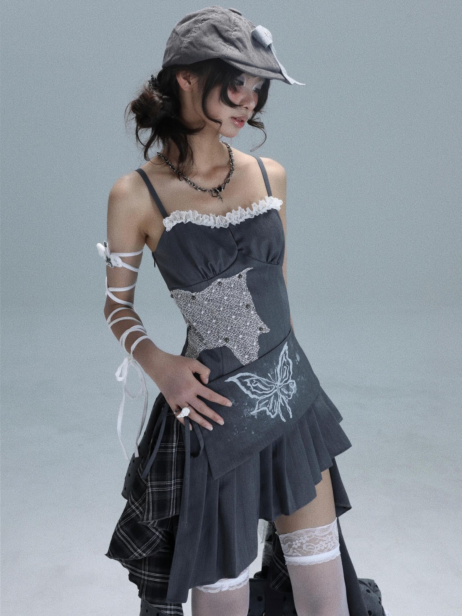 WSW WUSHENWU Gray White Polka Dot Check Patchwork Irregular Halter Women&