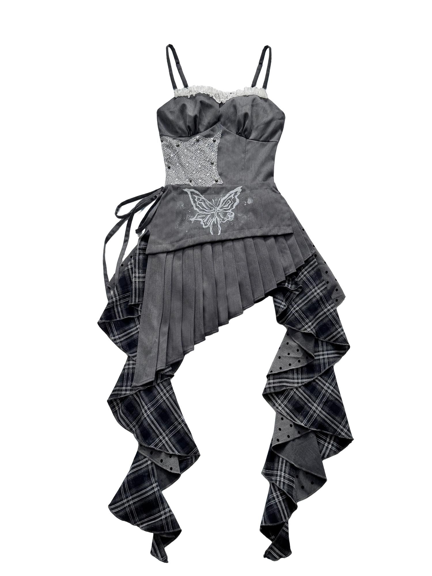 WSW WUSHENWU Gray White Polka Dot Check Patchwork Irregular Halter Women&