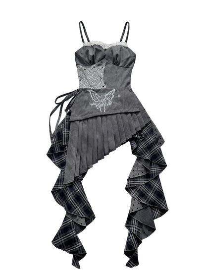 WSW WUSHENWU Gray White Polka Dot Check Patchwork Irregular Halter Women&
