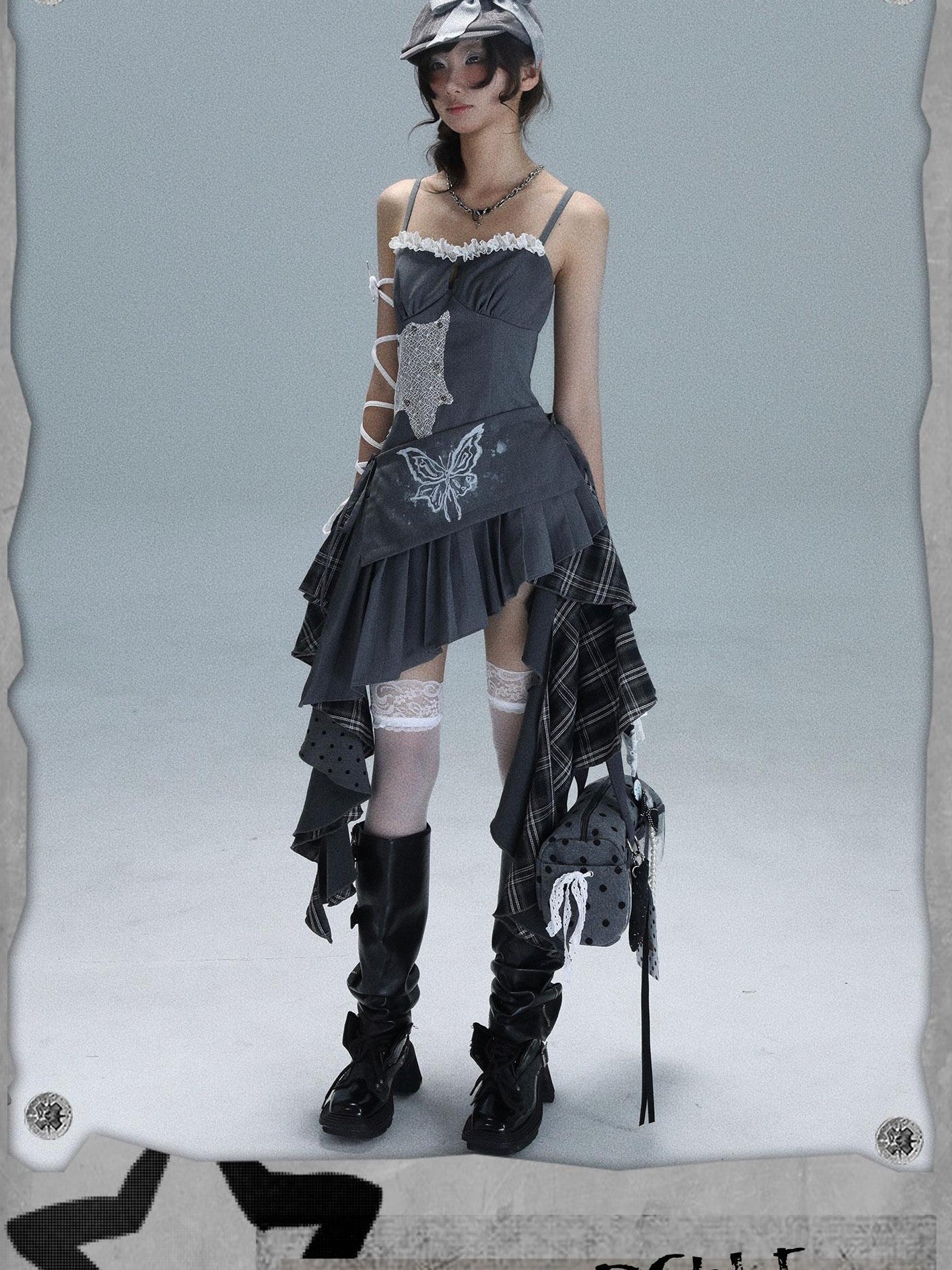 WSW WUSHENWU Gray White Polka Dot Check Patchwork Irregular Halter Women&